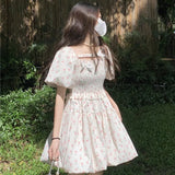 Girlary Summer Korean Fresh Pleated New Vestidos Square Neck Floral Puff Dress for Women Short Slim Waist Flower Bud Dresses