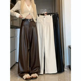 Girlary Design Sense High Waisted PU Leather Straight Leg Wide Leg Pants Women's Autumn New Style Slimming and Floor Dragging Pants