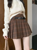 Girlary  Preppy Style Women Vintage Mini Skirts Autumn Chic Plaid A-Line OL Pleated Office Lady High Waist Slim New Daily