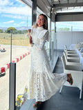 Girlary Women Elegant White Hollowed Lace Maxi Dress Chic Mock Neck Long Sleeved Shoulder Padded Robe 2024 Lady Holiday Fashion Vestidos