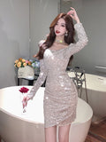 Girlary Autumn Sexy Sequins Long Sleeve Dress Women French Temperament High Waist Slim Irregular Banquet Party Short Dresses