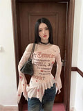 Girlary Streetwear Flare Sleeve Mesh Tops Long Sleeve Korean Fashion Off Shoulder Print T Shirt Women Clothes Ladise Tops Y2k