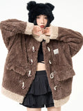 Girlary Contrast Color Streetwear Fashion Fluffy Warm Jackets Y2k Aesthetic All Match Horn Button Tops Casual Grunge Loose Coats Women