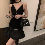 Girlary Black Party Dress Spaghetti Strap Sleeveless Beading Design French V Neck Zipper Rivet Ruffles Mini Sexy Dress