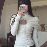 Girlary Y2k White Harajuku Women Sweater Turtleneck Korean Fashion Vintage Knitwear Long Sleeve Elegant Slim Autumn Gyaru Rose