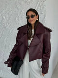 Girlary Women Retro Burgundy Leather Short Jacket Fashion Big Lapel Full Sleeves Pocket Loose Coats Lady Autumn Chic High Street Outwear