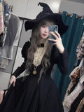 Girlary 2024 New Gothic Punk Dark Style Lolita Women's Dress Harajuku Vintage Black Long Bubble Sleeve Waist Cinched Dress Autumn Winter