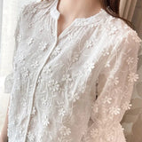 Girlary Summer New Elegant Lace Shirt Woman Casual White Embroidery Floral Ladies Tops Fashion New Short Sleeve Blouse Women Blusas