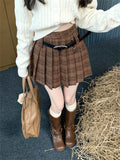 Girlary  Preppy Style Women Vintage Mini Skirts Autumn Chic Plaid A-Line OL Pleated Office Lady High Waist Slim New Daily