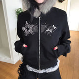 Girlary party look snspos Winter American Retro Fur Collar Hooded Zipper Cardigan Women's Y2K New Harajuku Gothic Slim Casual Joker Long-Sleeved Blouse