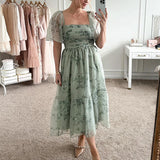 Girlary Sexy Square Neck Temperament Holiday Pleated Dress Summer Puff Sleeve A-line Party Dress Elegant Floral Print High Waist Dresses