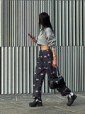 Girlary Kawaii Bow Print Wide Leg Pants Women American Retro Sweet Y2k Harajuku Streetwear High Waist Trousers Spring 2024 New