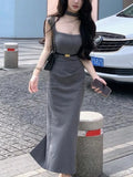 Girlary Summer New Korean Elegant Slim Evening Party Dresses With Belt Sex Solid One Piece Clothing Office Lady Chic Formal Dress