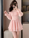 Girlary Women Pink Patchwork Chiffon Chic Ruffled Short Dress Spring Elegant Diamonds Kawaii Dress 2024 Korean Fashion Bodycon Vestidos