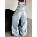 Girlary High Waist Ripped Women's Blue Jeans Hip-hop Style Fashion Vintage Streetwear Y2K Wide Leg Jean 2024 Trouser Baggy Denim Pants