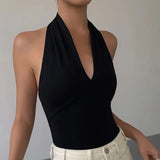 Girlary Summer Hot Girls New Summer Women Vest Tops Halter Neck Sleeveless Slim Sexy Camisole Tanks Deep V-neck Mature Black Vests