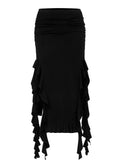 Girlary Tassel Summer Female Long Skirt Ruffled High Waist Broken High Split Fashion Pleated Sexy Solid Patchwork Maxi Skirt