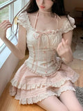 Girlary New Japanese Kawaii Sweet Elegant  2 Piece Set Women Lace Up Vintage Kawaii Set Female Y2k Princess Mini Skirt Suit