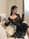 Girlary Sexy Long Sleeve Lace Corset Draped Mini Dress Women Black Square Collar Backless Ruched Bodycon Dresses Party