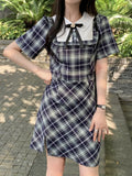 Girlary Fashion New Women Elegant Plaid Preppy Style Dress Vintage Chic Slim Party Birthday Clothes Spring Summer Female Vestidos