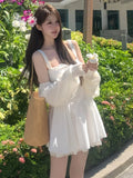 Girlary Korean Chic Summer Short Dress Women New Spaghetti Strap Solid A-line Holliday Beach Party Dresses Y2K Kawaii One Piece Vestido