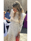 Girlary Women Elegant White Hollowed Lace Maxi Dress Chic Mock Neck Long Sleeved Shoulder Padded Robe 2024 Lady Holiday Fashion Vestidos