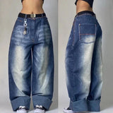 Girlary Y2K Vintage 90s Fashion Wing Pattern Baggy Jeans Women's New Harajuku Gothic High Waist Wide Leg Wide Trousers