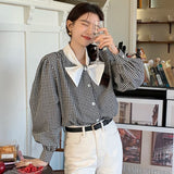 Girlary Spring Plaid Blouses Ribbon Chiffon Shirts Japanese Solid Color Slim Elegant Feminino Camisas Autumn