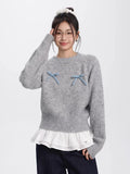 Girlary Autumn Winter New Long Sleeve Bow Sweater Women Fashion All-match Sweater Female Casual Versatile O-neck Knitting Tops