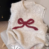 Girlary Knitted Sweater Vest Women Clothing O-neck Sleeveless Bow Waistcoat Y2k Tops Causal Fashion Vintage Crop Tanks Ropa Mujer