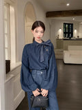 Girlary Denim Shirts Women Bow Bandage Puff Long Sleeve O Neck Button Vintage Fashion Ladies Blouse Elegant Tops Casual