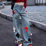 Girlary Women's Y2k Cross Print Straight Jeans Retro High Waist Denim Pant Casual Oversized Baggy Trousers High Street Plush Pants