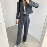 Girlary Chic OL Solid Two Pieces Sets Women Slim Casual Blazers Spring Office Lady Elegant Work Wear Loose Pants Suits