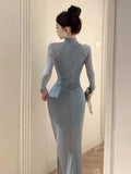 Girlary Women Dresses Sexy Elegant Mesh Patchwork Hollow Out Stand Collar Irregular Long Sleeve Party Dress Female Temperament