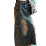 Girlary High Street Jeanswear Maxi Skirts Women Autumn Split Chic Office Lady Denim A-Line Office Lady Slim New Daily