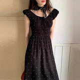 Girlary Summer Sleeveless Polka Dot Print Dress Women Backless Fashion Sweet Ladies Dresses Korean Loose Ruffle Pleated Woman Long Dress