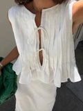 Girlary White Cotton Linen Shirt for Women Elegant Sexy Sleeveless Lace Up Blouse Summer Fashion Pleated Causal Holiday Shirts 2024