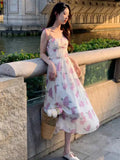 Girlary Elegant Spaghetti Strap Floral Midi Dress Summer Slash Neck Sleeveless Slim Waist Vestidos Women Chic Vintage Evening Party Robe