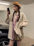 Girlary Harajuku Stripe Blouse with Tie Preppy Style Long Sleeve Button Up Shirts for Women Korean Fashion Autumn School Clothes