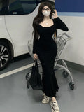 Girlary Bodycon Midi Dresses Women Korean Fashion Sexy Slim Waist Solid Dress Female Even Party Clothing 2024 Spring Elegant Fashion Y2k