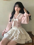 Girlary Fashion Sweet Pink Sailor Collar Bow Long Sleeve Tops+Y2K High Waist Ruffles A-line Mini Skirts Autumn New Two Piece Sets Women