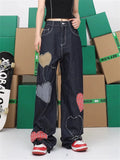 Girlary Women's Color Blocking Love Grid Patchwork Design Jeans Street Girl Bottoms Wide Legs Pants Female Fashion Denim Trousers