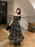 Girlary Y2k Korean Style One Piece Floral Dress Women Vintage Elegant Layered High Waist Black Long Slip Fairy Dresses Summer