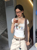 Girlary Print Graphic Tees Women American Retro Short Sleeve Cartoon Slim Grunge Aesthetic T Shirt Y2k Tshirt Femme Summer Tops