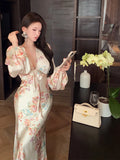 Girlary Spring Summer Floral Satin Long Sleeve V-Neck Dress Women Luxury Elegant Ruffled Mermaid Dress Korean Bodycon Evening Dress