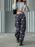 Girlary Kawaii Bow Print Wide Leg Pants Women American Retro Sweet Y2k Harajuku Streetwear High Waist Trousers Spring 2024 New