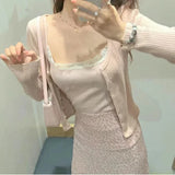 Girlary Elegant Women Pink Single Breasted Knit Cardigan Autumn Sweet Ladies Solid O-Neck Sweaters Female Chic Long Sleeve Tops