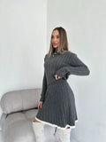 Girlary Women's Solid Knitted Pullover Skirt Sets Turndown Collar Sweater Long Sleeve Slim Sweaters with Short Skirts Elegant Women Sets