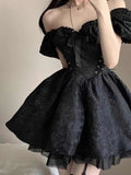 Girlary Gothic Black Dresses for Women French Vintage Ball Gown Princess Party Dress Y2K Off shoulder A-line Prom Short Vestidos Mujer