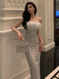 Girlary Sexy Sequined Bodycon Runway Party Dress Sleeveless Fur Feather Patchwork Robe Women Spring Summer Prom Club Clothes Mujers